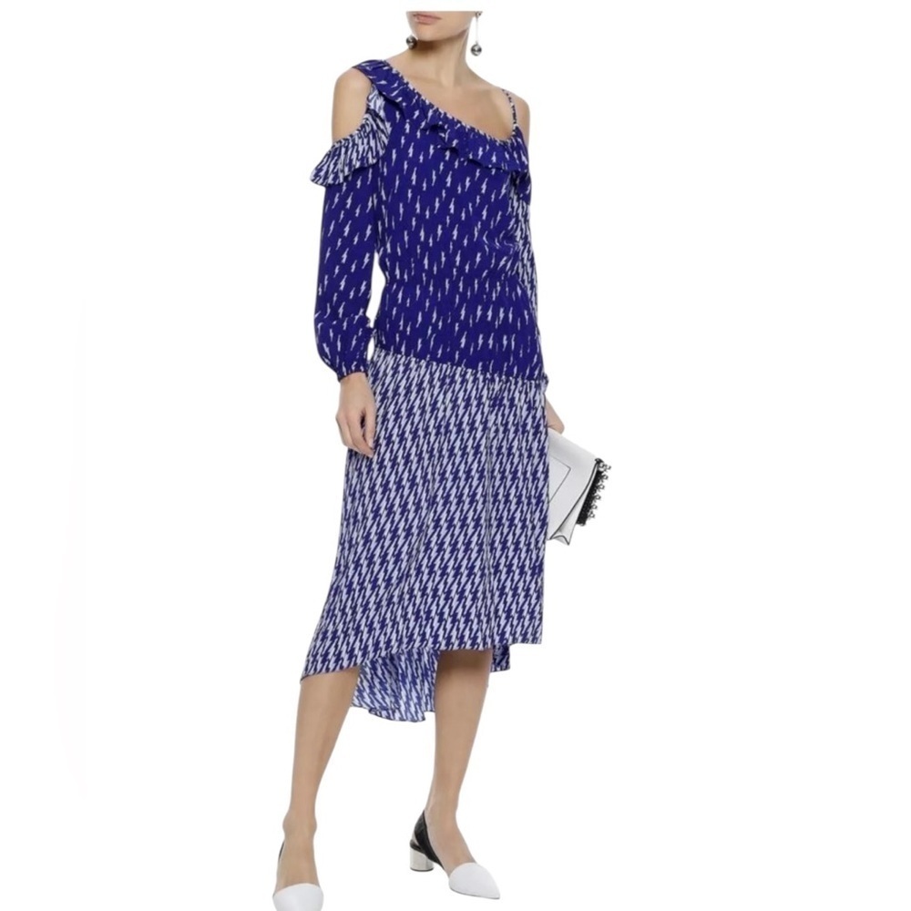 Sandro Lightning Bolt Bare Shoulder Crepe Midi Dress
Blue Kemila Size M